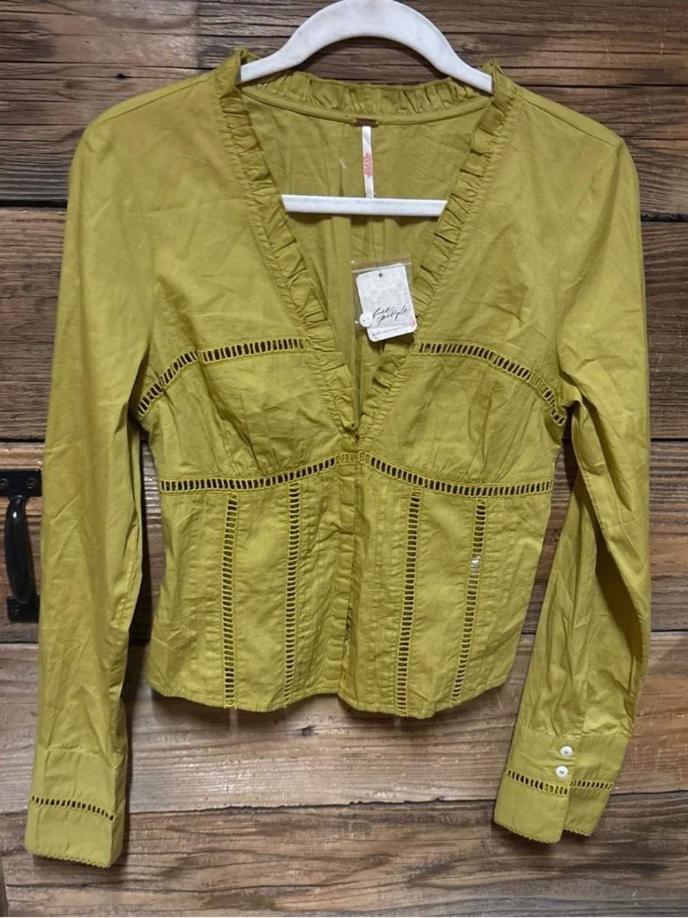 Free People Frankie Blouse Pale Chartreuse V-Neck Clasp-Front Blouse